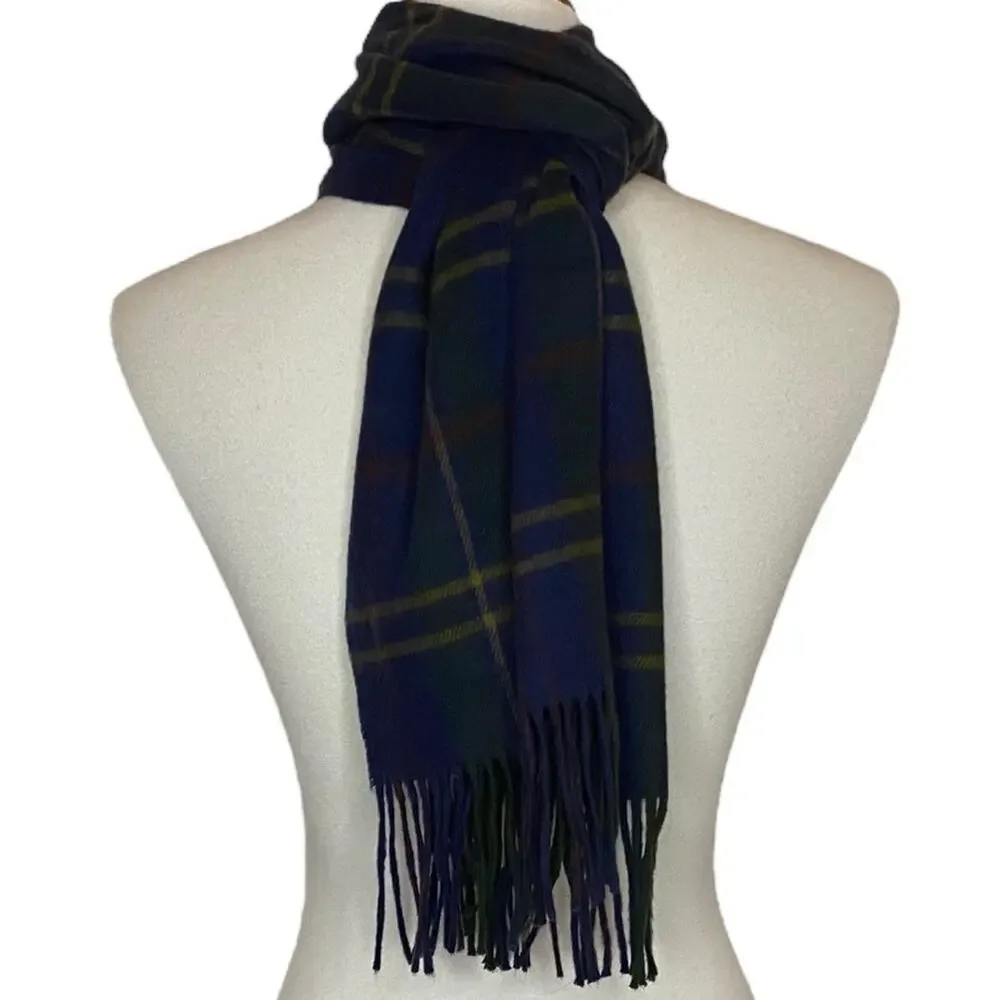 Geoffrey Beene Plaid Cashme 100% Acrylic Scarf Blue Fringe One Size Italy Unisex